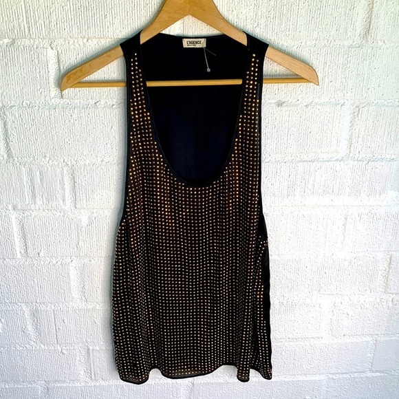L'Agence Black Gold Studded Rhinestone Silk Tank Top sz XS